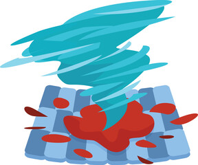 Cartoon illustration of a blue tornado tearing off roof tiles