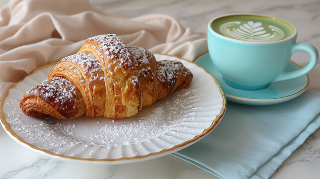 Elegant Breakfast with Croissant and Matcha Latte on Marble Table with Pastel Blue Napkin - Arranged on a White Plate with a Gold Rim