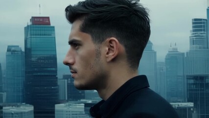 A young man with a serious expression and sharp features stands against the backdrop of skyscrapers and tall buildings his gaze focused on the city below. The strong lines of his
