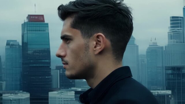 A young man with a serious expression and sharp features stands against the backdrop of skyscrapers and tall buildings his gaze focused on the city below. The strong lines of his