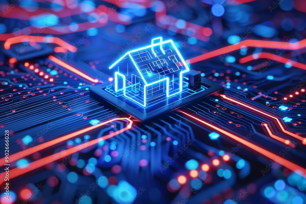 Poster digital house model with blue glowing circuits representing modern smart home technology and connect