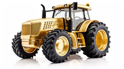 Obraz premium Golden tractor with big wheels isolated on white. Neural network ai generated art