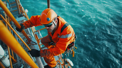An oil and gas worker in an orange uniform climbing on the side of an off-shore platform, with blue sea background, wearing safety helmet and goggles, full body shot, professional