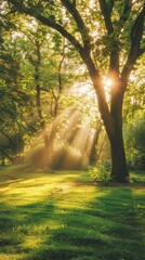 Fototapeta premium Golden sun lits the forest with magic beams of light