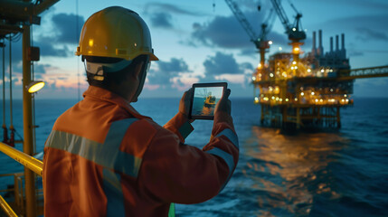 The oil and gas worker is taking photos of the ocean, holding a tablet in his hand, with yellow helmet coverings on top of it, standing next to an offshore platform at dusk. The ent