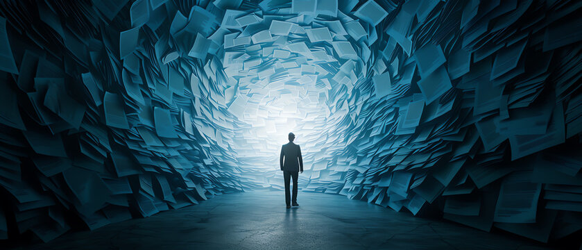 Businessperson walking into a labyrinth of tax forms, depicting tax complexity