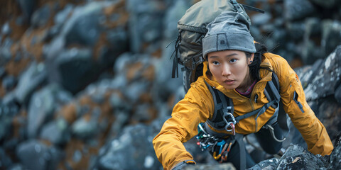 asian woman. A determined female climber scales a rugged mountainside, showcasing her strength and determination on a challenging journey.