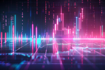Fototapeta premium Financial downturn, holographic price fall, futuristic business losses, neon tech background