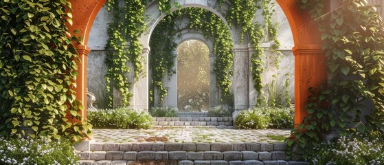 Fototapeta premium White and orange podium with ivycovered archways and cobblestone paths, Ivy podium, Romantic garden