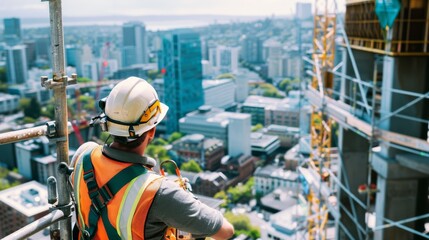 Fototapeta premium Building Tomorrow's Skyline: Construction worker surveys a bustling cityscape from atop a skyscraper, highlighting the crucial role of skilled labor in urban development.