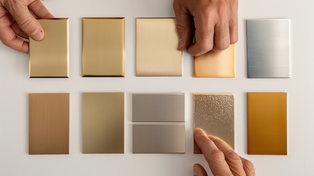 Metal Finishes Closeup of a selection of metal samples, including brass, stainless steel, and bronze, with hands comparing the different finishes