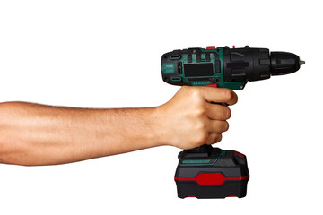 Cordless drill in man's hand on empty background