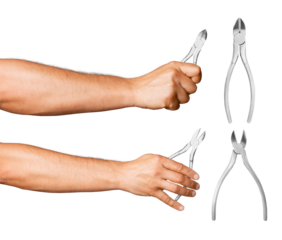 Set. Tongs or nippers in a man's hand on a blank background. And separately tongs or nippers.