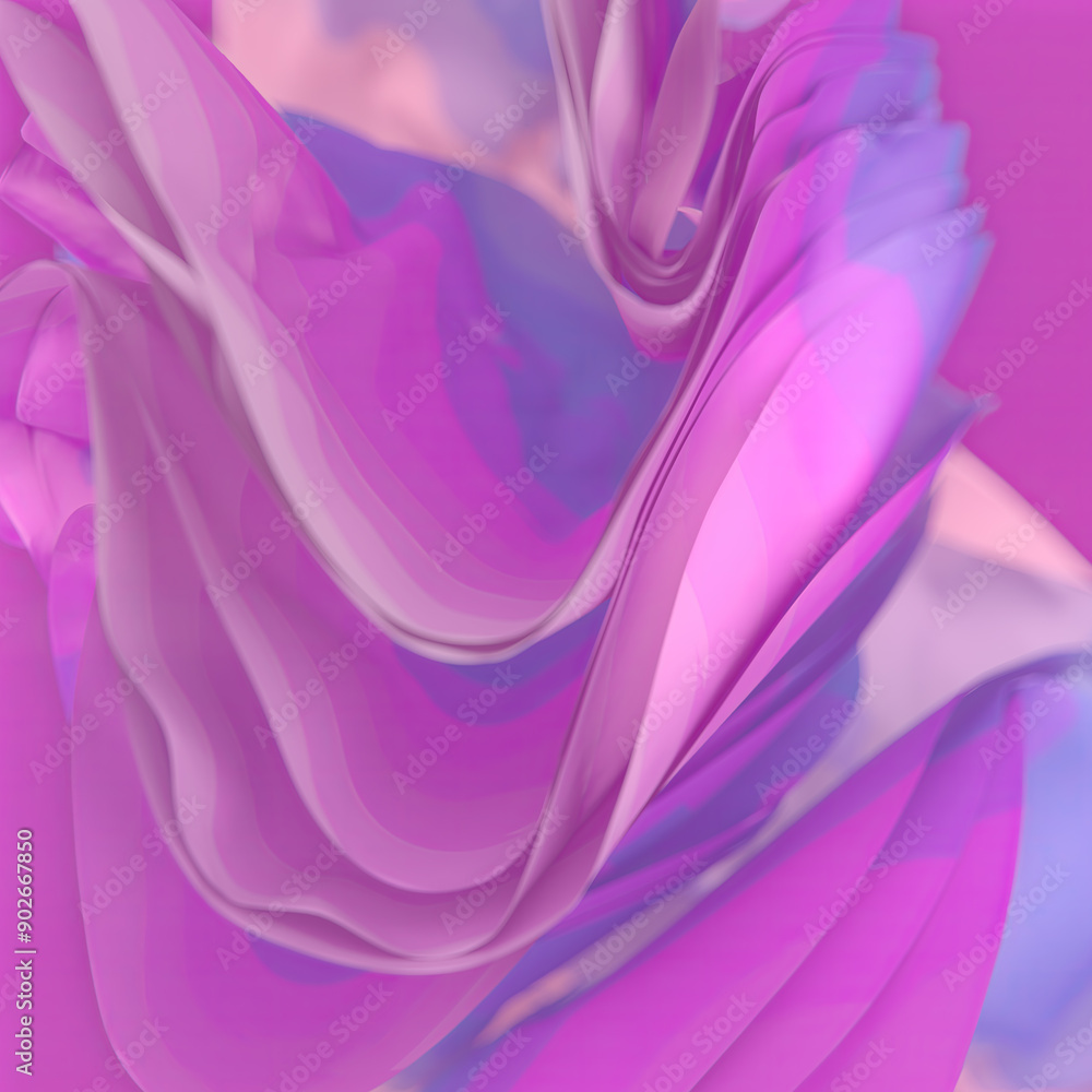 Poster Magical colorful waves of bright fabric in the wind digital illustration with depth of field effect. 3d rendering