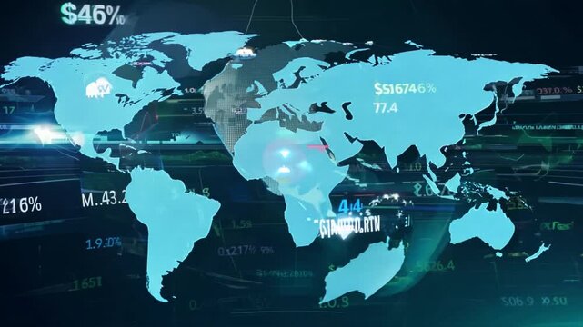 A world map overlaid with binary code in a blue and tech-inspired d