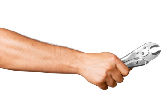 Locksmith clamp, pincer, clamping pincer in person hand on blank background.