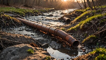 Concetto di inquinamento industriale e delle acque ,  acque sporche e tossiche riversate in fiumi e ruscelli