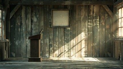 Fototapeta premium A wooden room with a podium and a white frame on the wall