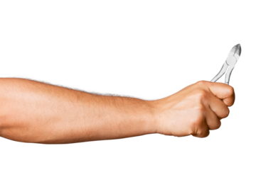 Pliers or nippers in a man's hand on a blank background.