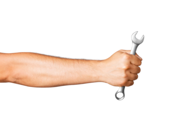 Combination wrench in hand of man on empty background