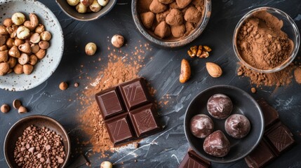 Assorted chocolate and nuts on dark surface