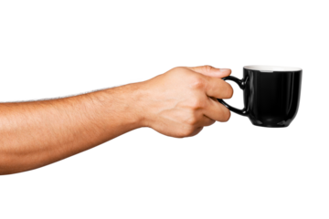 Black mug in man's hand on empty background