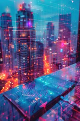 Obraz premium Futuristic Cityscape with Digital Overlay and Neon Lights at Night, High-Tech Urban Environment