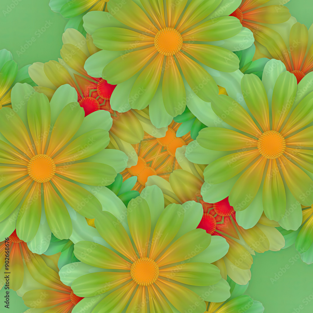 Poster colorful floral pattern with a combination of bright yellow, green and red tones. 3d rendering illus