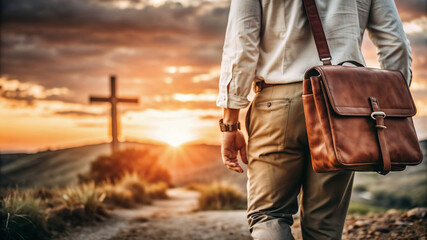 Missionary man with suitcase on his back walking through the field at sunset taking the Word of God