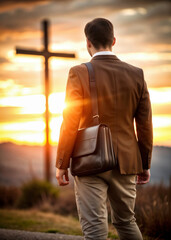 Missionary man with suitcase on his back walking through the field at sunset taking the Word of God