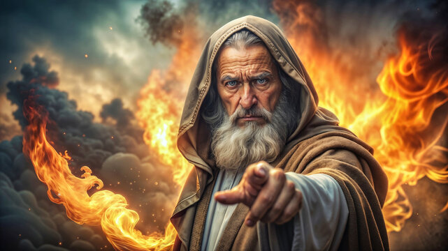 An old prophet and messenger of God pointing the finger and warning people of their mistakes