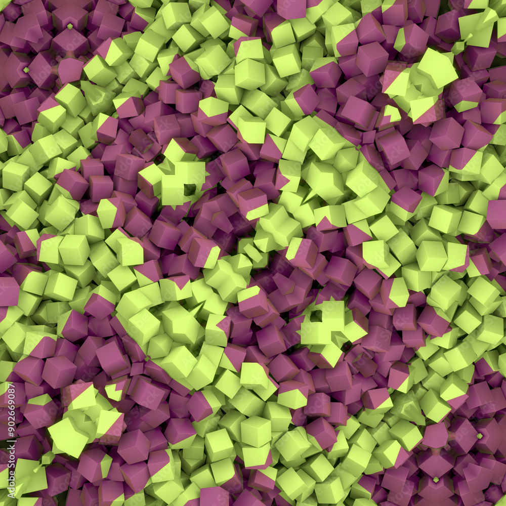 Poster Illustration of a simple geometric symmetrical pattern consisting of many small three-dimensional cubes. 3d rendering