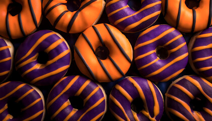 gestreifte, donut, essen, doughnut, lila, orange, neu, close up, pattern, top, view, 3d, vibrant, neon, vibrant, glow, glasur, gruppe, flat, lay, süss, leuchtend, modern, copy space, halloween, dekor