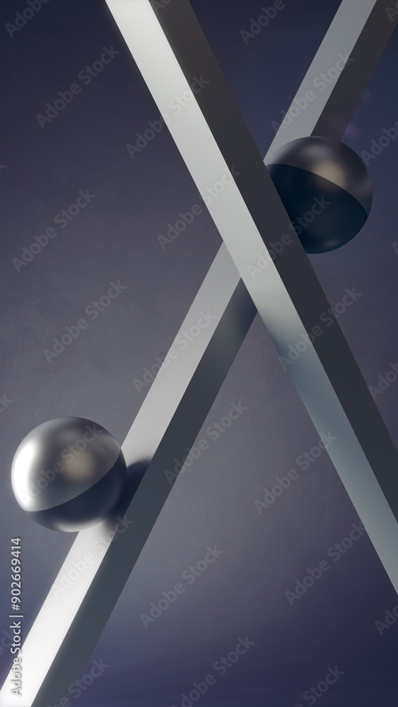 Poster Elegant illustration with rolling metallic spheres on metallic intersecting planes. 3d rendering