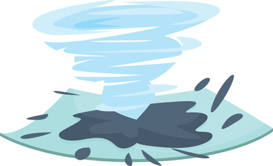 Cartoon style illustration of a blue tornado rotating above an oil spill disaster