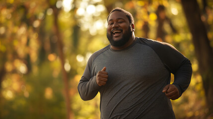 Obraz premium An overweight black man running in the park, wearing a long sleeve shirt with shorts and smiling at the camera