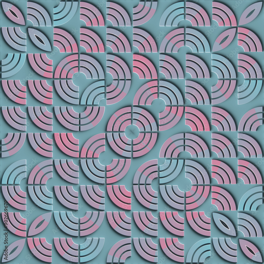 Aufkleber Digital illustration of a repeating geometric pattern of interlocking colorful shapes. 3d rendering
