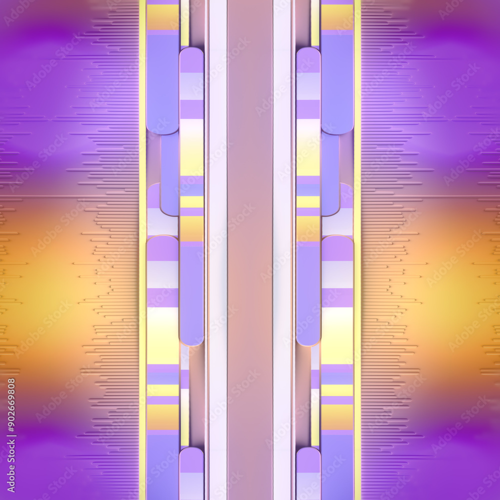 Poster Stylized digital illustration with symmetrical composition and stripes of different colors. 3d rendering