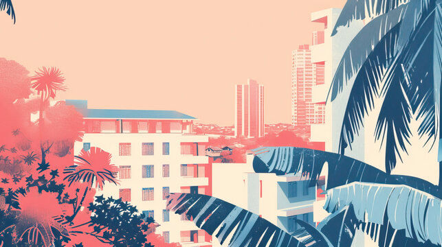 Risograph trendy riso print travel poster, card, wallpaper or banner illustration, modern, isolated, clear, simple of Isiro, Democratic Republic of the Congo. Artistic, screen printing, stencil