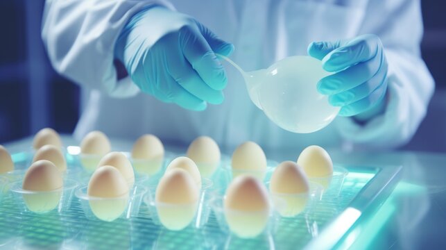 Expert scientist inspecting chicken eggs in agricultural laboratory for food quality control and biotechnology research, conducting science analysis tests in medicine and biology safety for sustainabl