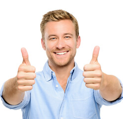 Happy, studio and portrait of businessman with thumbs up for career, success and approval of service. Smile, worker and male person with gesture on white background for agreement, support and winning