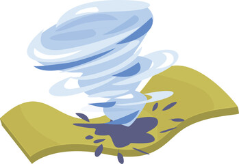 Cartoon blue tornado rotating over yellow ground leaving a dark spot, 3d illustration