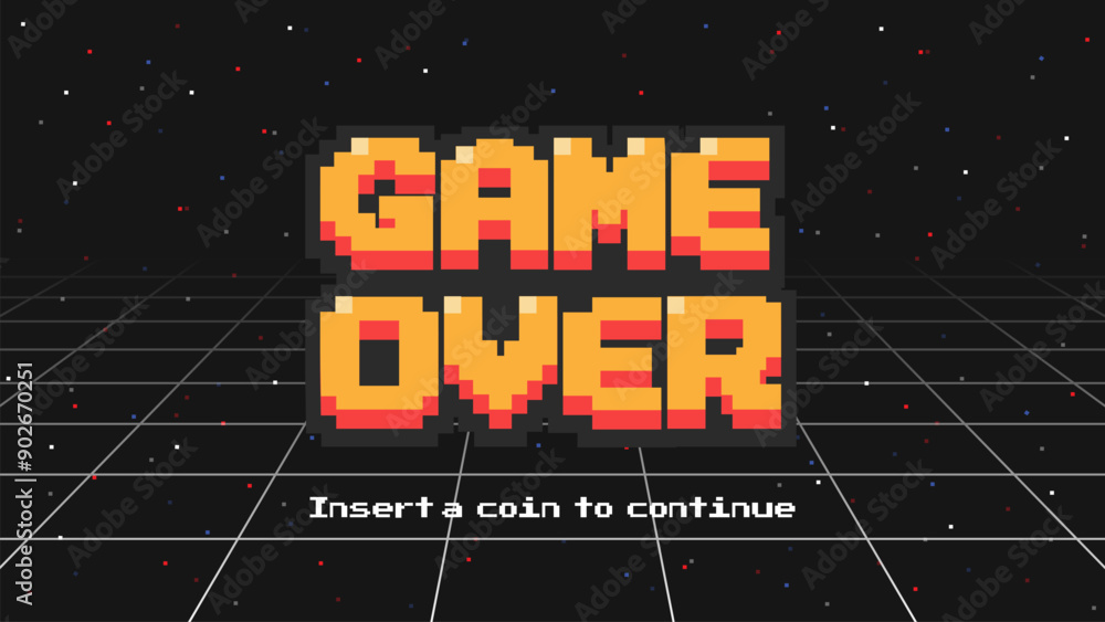 Poster game over insert a coin to continue .pixel art .8 bit game.arcede screen.retro game. for game assets