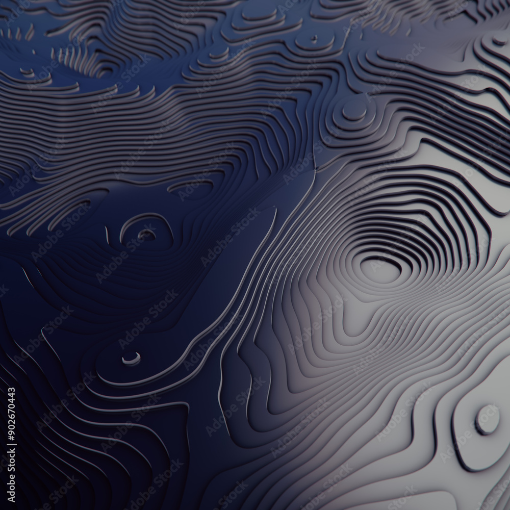 Poster abstract illustration of wavy metallic surface. dark background. 3d rendering