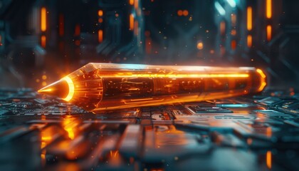 Futuristic Glowing Pencil on High-Tech Circuit Board with Neon Lights and Digital Elements