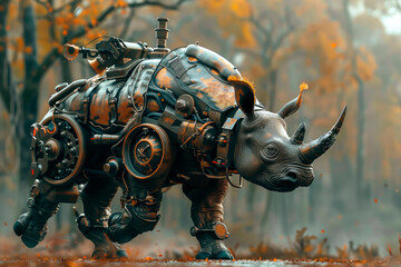 Steampunk metallic hippo running machine of the future.