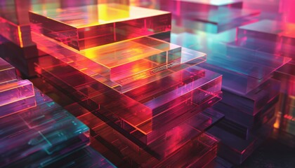 Fototapeta premium Vibrant Abstract Geometric Composition with Colorful Transparent Rectangles and Neon Lighting Effects