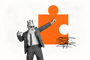 Creative collage poster elder man pensioner prince king puzzle game intellect accomplish task...