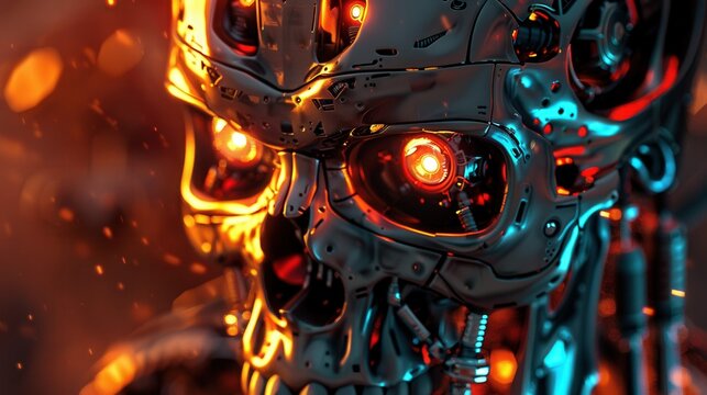 Stunning view of a metal robot skull with red glowing eyes. Close-up