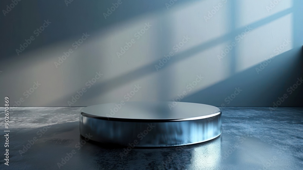Poster a silver metal object with a round shape is placed on a grey floor